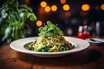 Wall Mural - Spaghetti pasta with spinach and green pesto, in a white plate