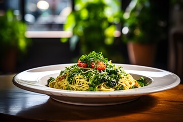 Wall Mural - Spaghetti pasta with spinach and green pesto, in a white plate