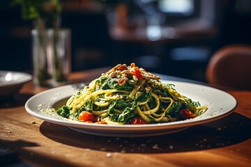 Wall Mural - Spaghetti pasta with spinach and green pesto, in a white plate