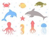 Fototapeta Dinusie - Set of cartoon sea animals. Dolphin, shark, jellyfish, crab, octopus, turtle, seahorse, starfish, squid, fish. Vector illustration.	