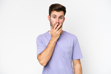 Wall Mural - Young caucasian man isolated on white background surprised and shocked while looking right