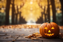 Halloween Evil-faced Pumpkin On Sidewalk In Park On An Autumn Day, Copy Space