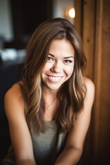 Wall Mural - a beautiful young woman smiling at you while sitting indoors