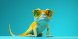 Realistic image of a chameleon wearing sunglasses on a green background.