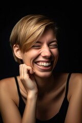 Poster - portrait of a young woman feeling happy about her haircut