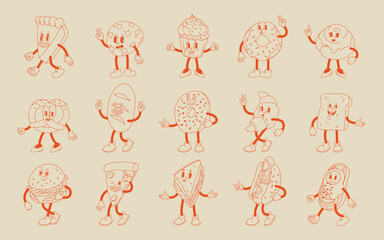 Vector cartoon retro mascot of different bread, desserts, cookies, cheeseburger and hotdog. Vintage style 30s, 40s, 50s old animation. The clipart is isolated on a beige background.