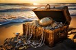 Treasure chest with pearl necklace on sand beach at sunset time. An open treasure chest full of gold and jewelry on the beach, AI Generated