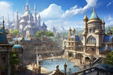 Wall Mural - Beautiful fantasy landscape with fantasy castle and fountain. Digital painting. An enchanting and dynamic realm and mesmerizing city, AI Generated