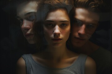 Poster - love triangle concept. girl and two men