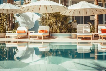 Poster - swimming pool with sun loungers and umbrellas without people