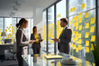 business people working together. yellow sticker notes on window. woman manager.  modern office company. 