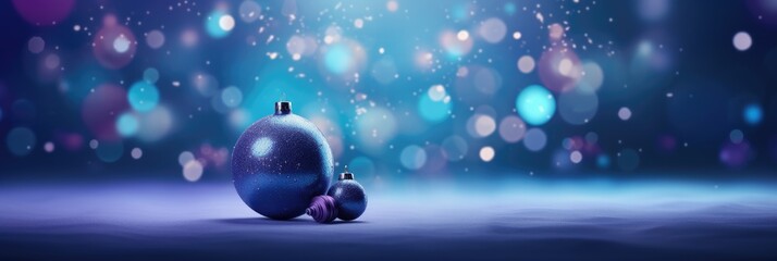 Wall Mural - Christmas and New Year background with Christmas ball on purple and blue bokeh background. Created with generative AI