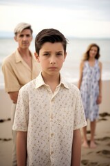 Sticker - portrait of a young boy standing between his parents at the beach