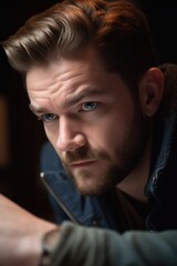 Canvas Print - closeup shot of an attractive man looking at something on a laptop