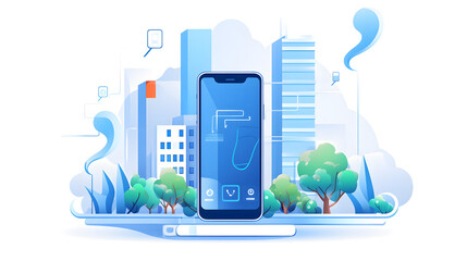 network concept with the city, mobile controlling concept, the smart blue city flat design, Urban landscape, social media communication Internet network connection city. Vector illustration