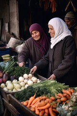 Sticker - shot of a woman holding an assortment of vegetables while a vendor weighs them