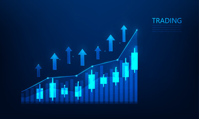 Wall Mural - business graph trading of stock market investment on blue background. chart finance candlestick and arrow growth. economy trend rising to success. vector illustration fantastic design.