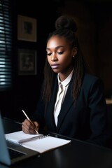 Wall Mural - portrait of a young businesswoman writing notes and working on a laptop in an office