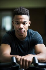 Wall Mural - portrait of a confident young man working out on an exercise bike in a gym