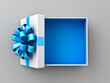 Blank open white gift box with blue bottom inside or top view of opened blue present box with blue ribbon and bow isolated on gray background with shadow minimal concept 3D rendering