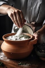 Sticker - cropped shot of an unrecognizable person adding salt to a pot while cooking at home