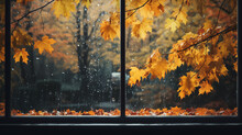 Rain Outside The Window In The Landscape Of Autumn Park And Yellow Leaves.