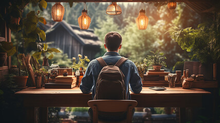 Fototapete - student at the table view from the back learning global drawing picture graphics