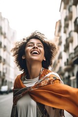 Wall Mural - happy, freedom and portrait of woman in city enjoying holiday by herself