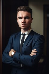 Wall Mural - portrait of a young businessman standing indoors with his arms crossed