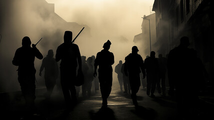 Wall Mural - silhouettes of the crowd in the smoke on the street revolution riot.