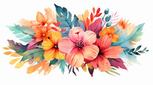 Watercolor Multicolored Flowers Isolated On A White Background Bouquet.