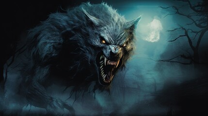 Poster -  a scary wolf with glowing eyes in the dark forest with a full moon in the background.  generative ai