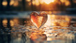 yellow leaf in the shape of a heart froze falls into the water in a puddle circles the concept of love autumn seasonal.