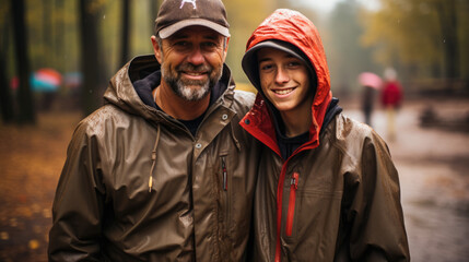 relaxing father and son after exercising at baseball court.