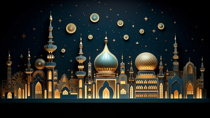 Wall Mural - golden arab palace greeting lights up at night fairy tale black background.