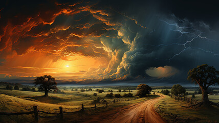Wall Mural - drawing of a tornado on the road in a field sunset colors.