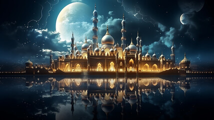 Wall Mural - The Arabian night fairy tale, the landscape in the moonlight the fabulous sultan's palace glows with gold.