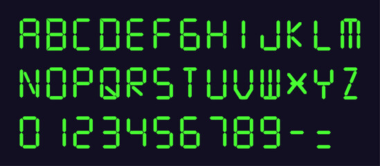Vector Set: Green Digital Display Font with Alarm Clock Letters, Electronic Alphabet, Retro Calculator Symbols, LCD Monitor Characters, and Scoreboard Digits.