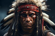 Close-up face of tribal Indian warrior, native American tribe man in colorful traditional makeup and feather headdress, ancient civilization male