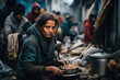 Hungry woman on the slum district 