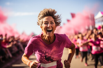 a determined woman wearing a survivor t-shirt crossing a finish line at a breast cancer awareness ev