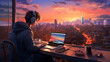 © M - person working on laptop at sunset city view on the roof top Lofi anime style