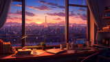Fototapeta Fototapeta Londyn - a book on a table by the large window with city skyline view  Lofi anime style