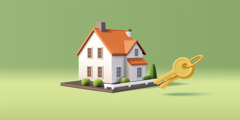 3d render vector illustration of house with keys, real estate property investment, mortgage and leasing