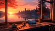 a laptop on a table at cafe with a lake view sunset Lofi anime style