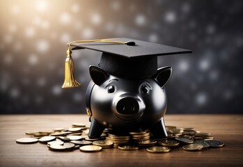 Poster - Piggy Bank with Black Graduation Hat with coins. Savings for investment in education and scholarship concept