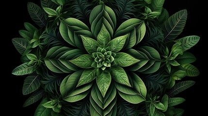 Canvas Print -  a large green flower surrounded by leaves on a black background.  generative ai