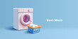 Washing machine realistic with laundry basket, household or laundry equipment, 3d realsitic illustration