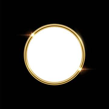 3d circle plate button with golden frame vector illustration. Realistic isolated website element, golden glossy round label for game UI, badge of navigation menu with shiny light effect border