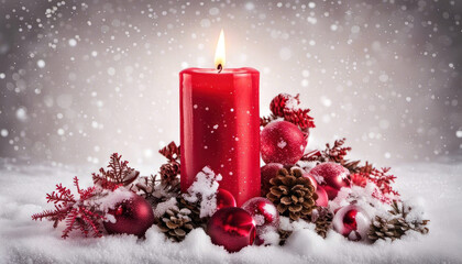 Wall Mural - Christmas candle with decoration, snow and copy space